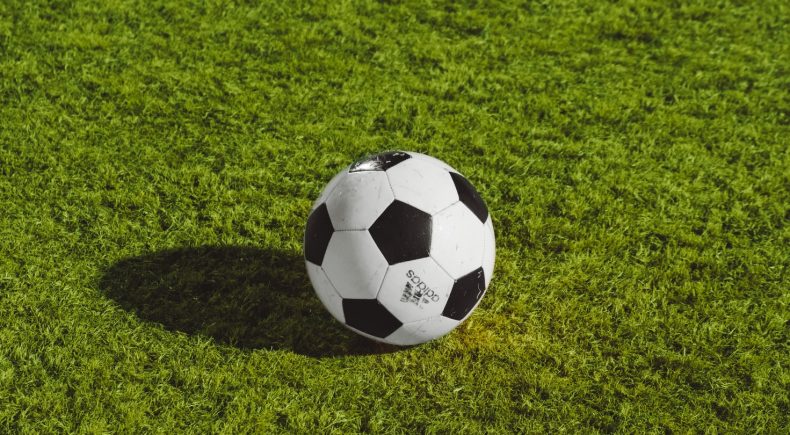 pallone da calcio con ombra su campo